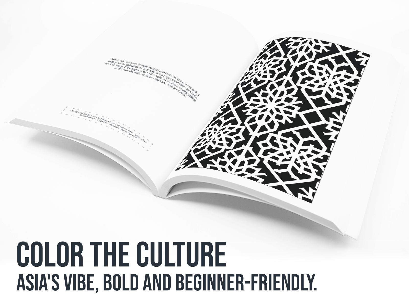 Open book with a black and white pattern on a white background, featuring text about color theory.