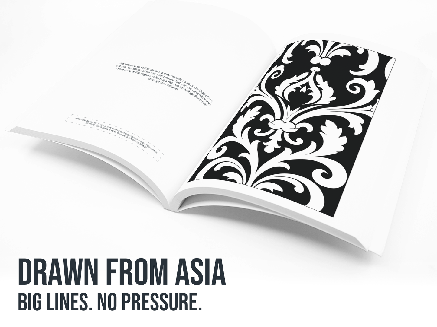 Open book with black and white pattern on a white background, text 'Drawn from Asia. Big lines. No pressure.'