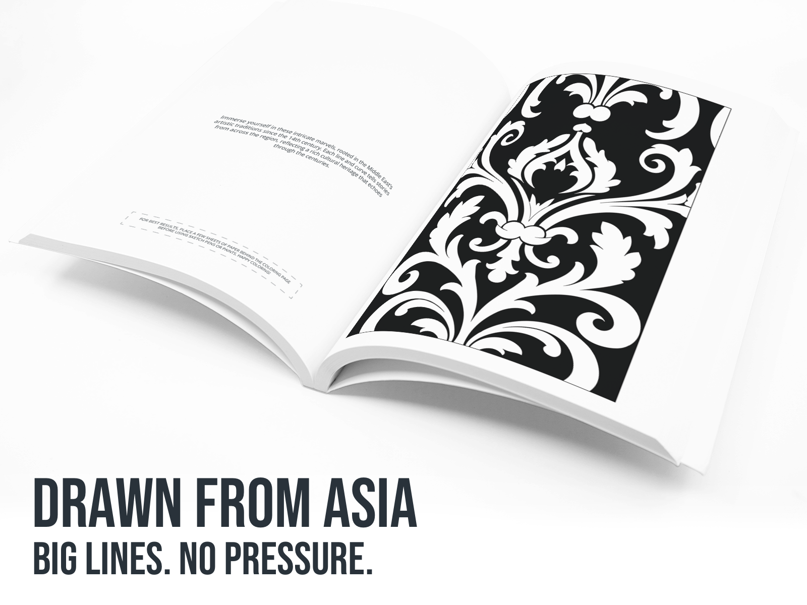 Open book with black and white pattern on a white background, text 'Drawn from Asia. Big lines. No pressure.'