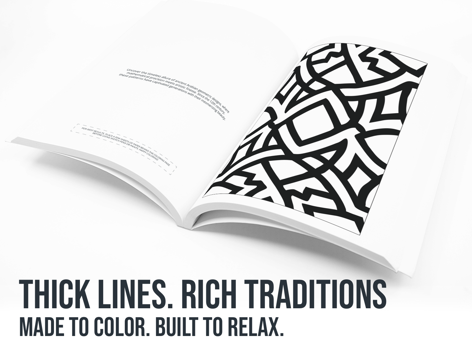 Open book with black geometric pattern on white background with the text "Thick Lines, Rich Traditions".