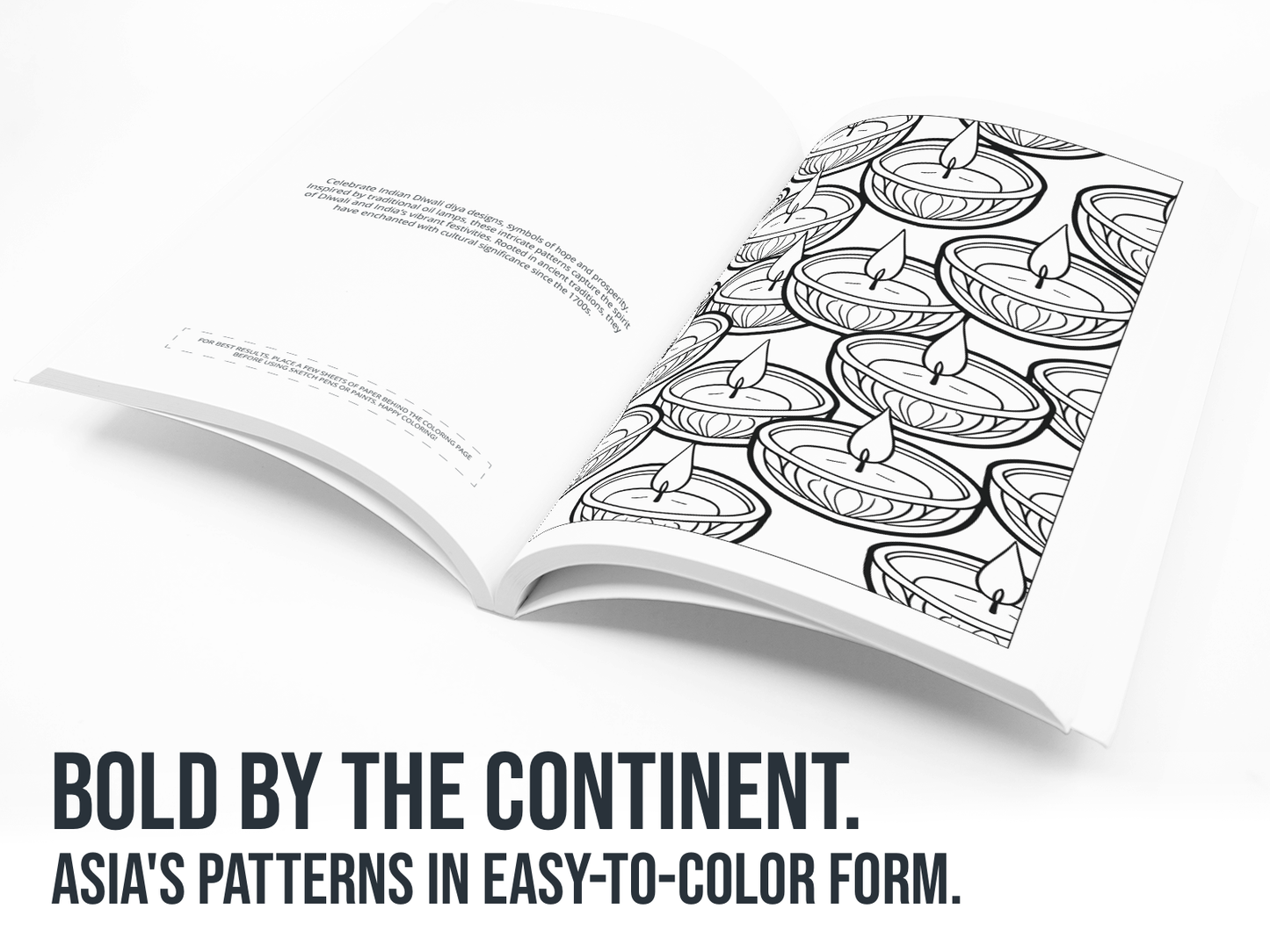 Open coloring book with black and white Indian origin patterns on a white background with the text "Bold By the Continent".