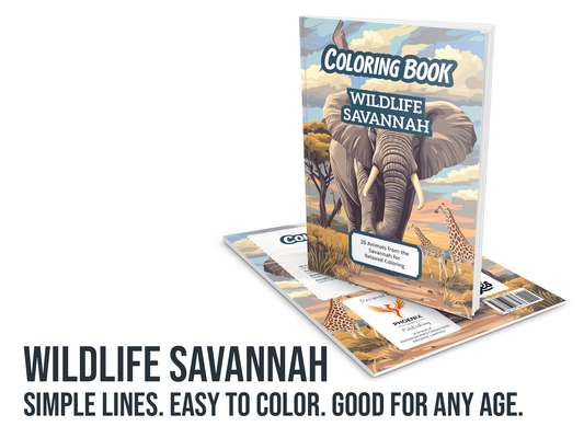 Coloring book titled 'Wildlife Savannah' with an elephant and giraffe illustration on a white background.