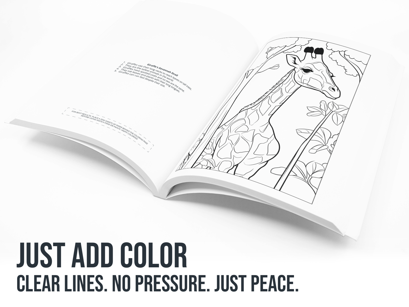 Open coloring book with a giraffe illustration on a white background