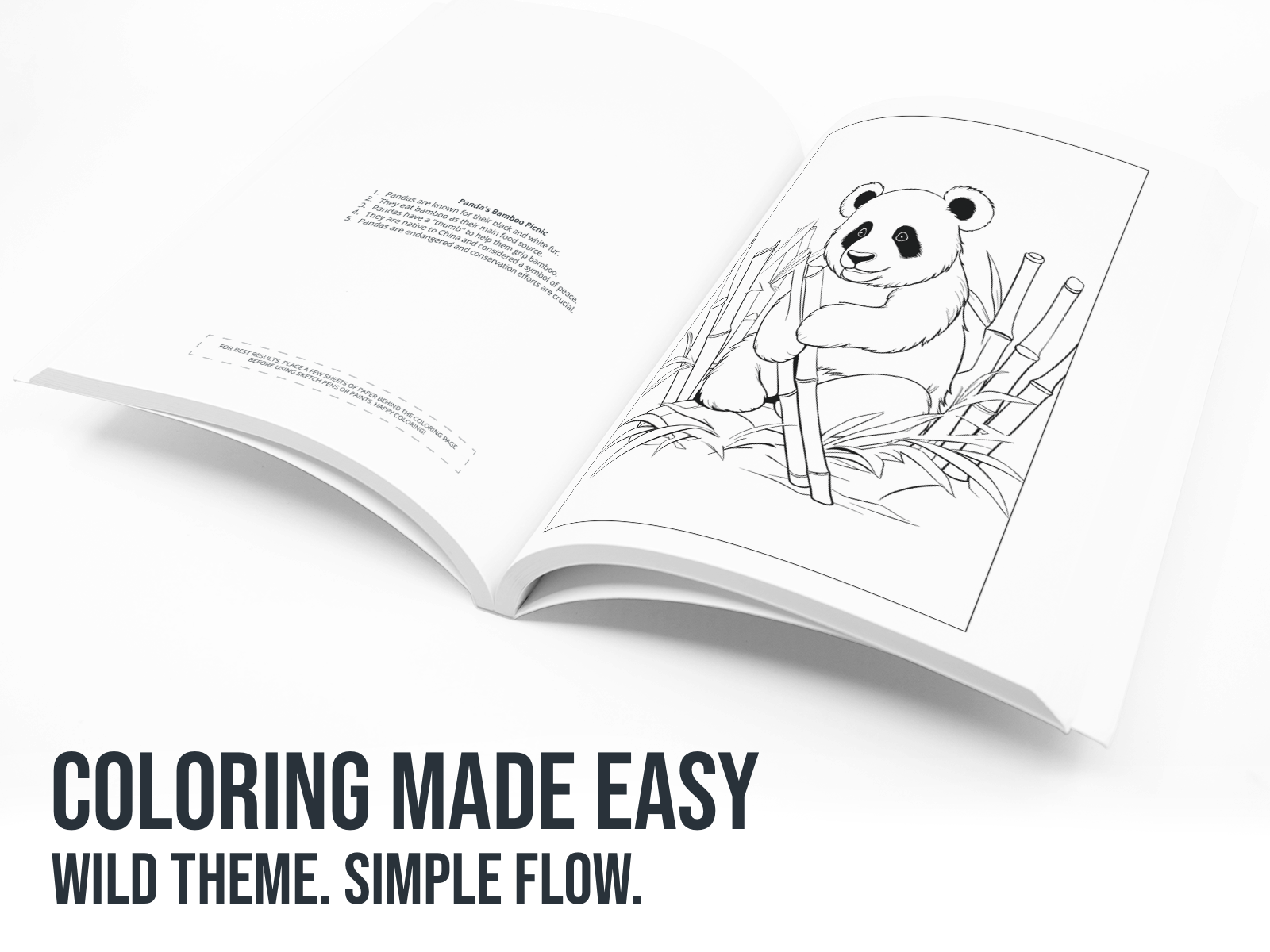 Open coloring book with a panda design on a white background