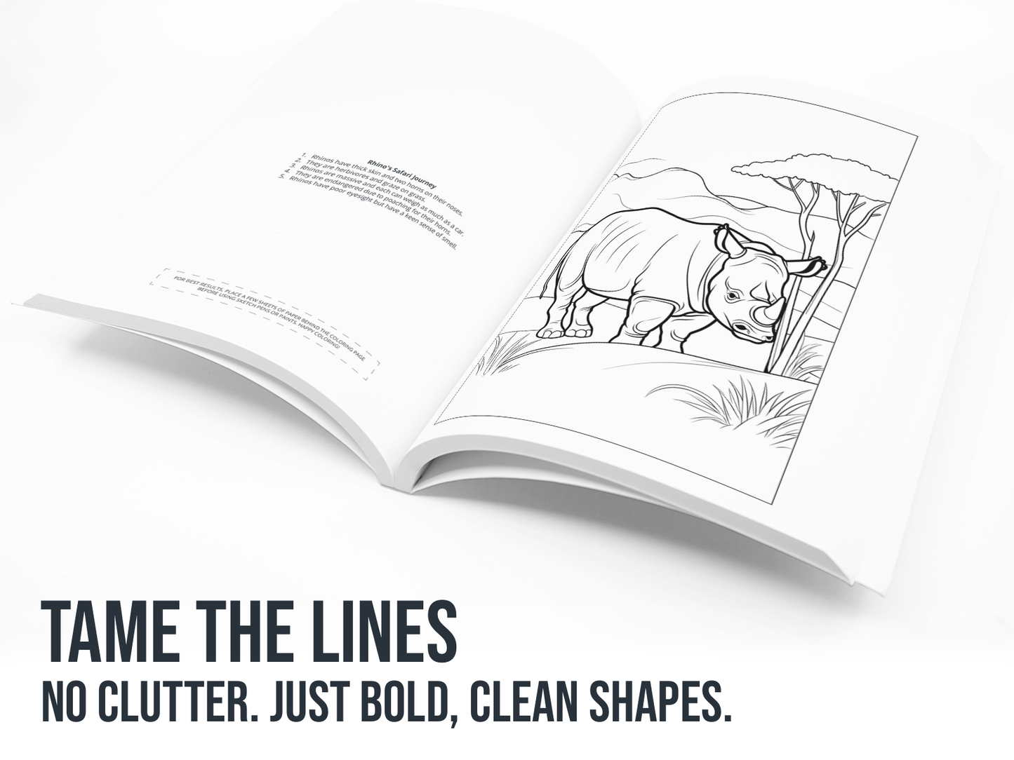 Open coloring book with a rhino illustration on a white background