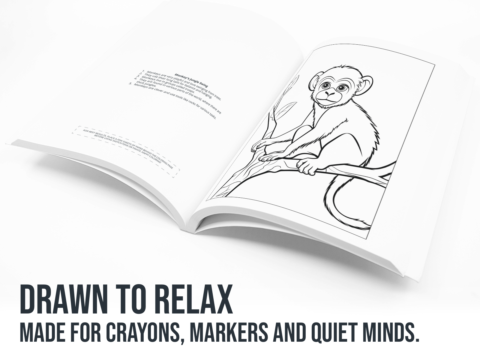 Open coloring book with a monkey illustration on a white background