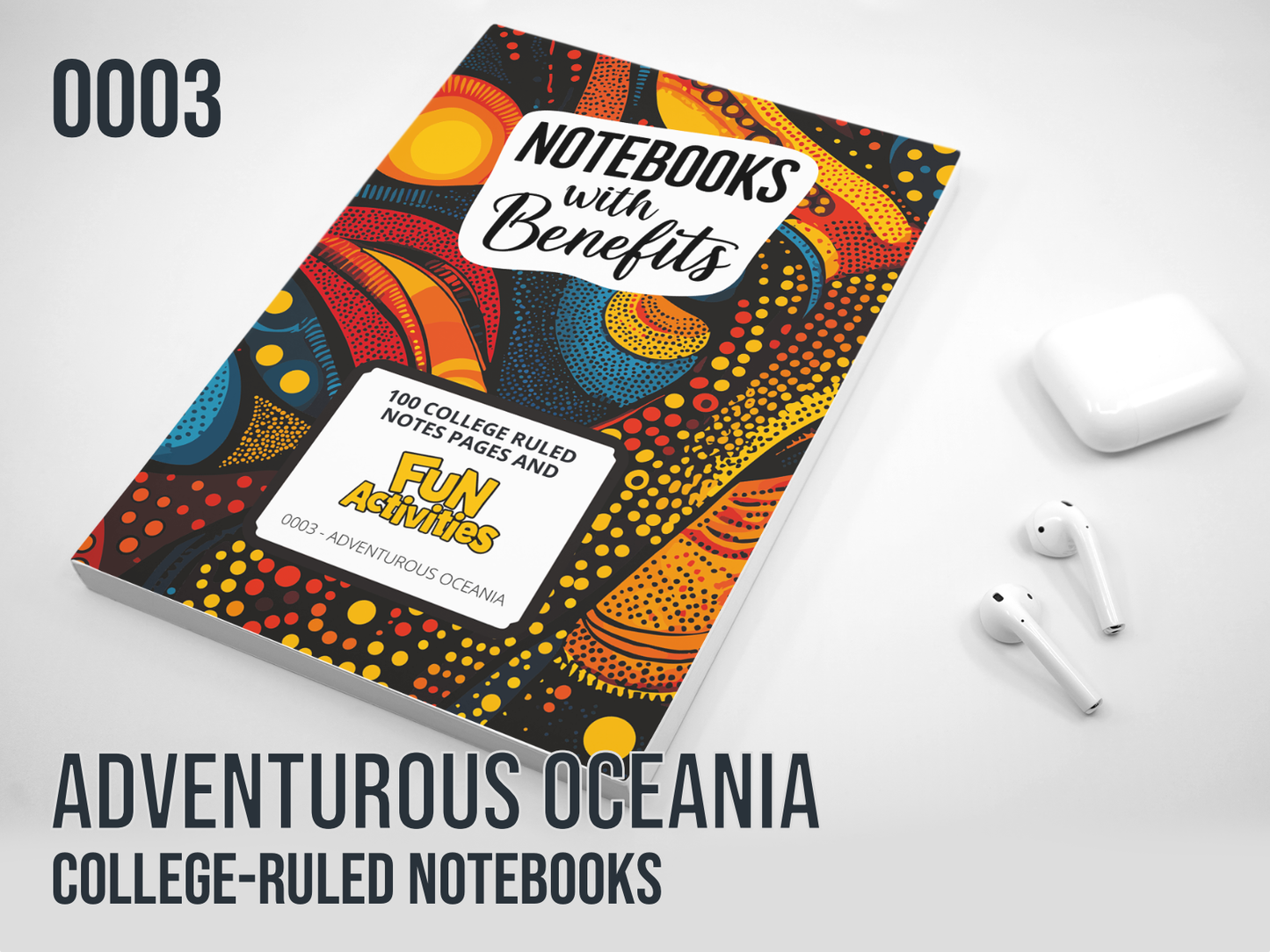Notebook with colorful design and Branding on a white background.