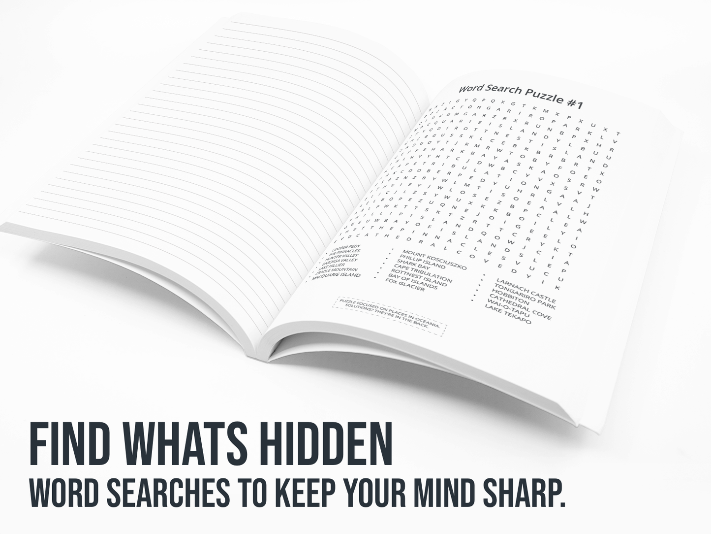 Open book with a word search puzzle on a white background