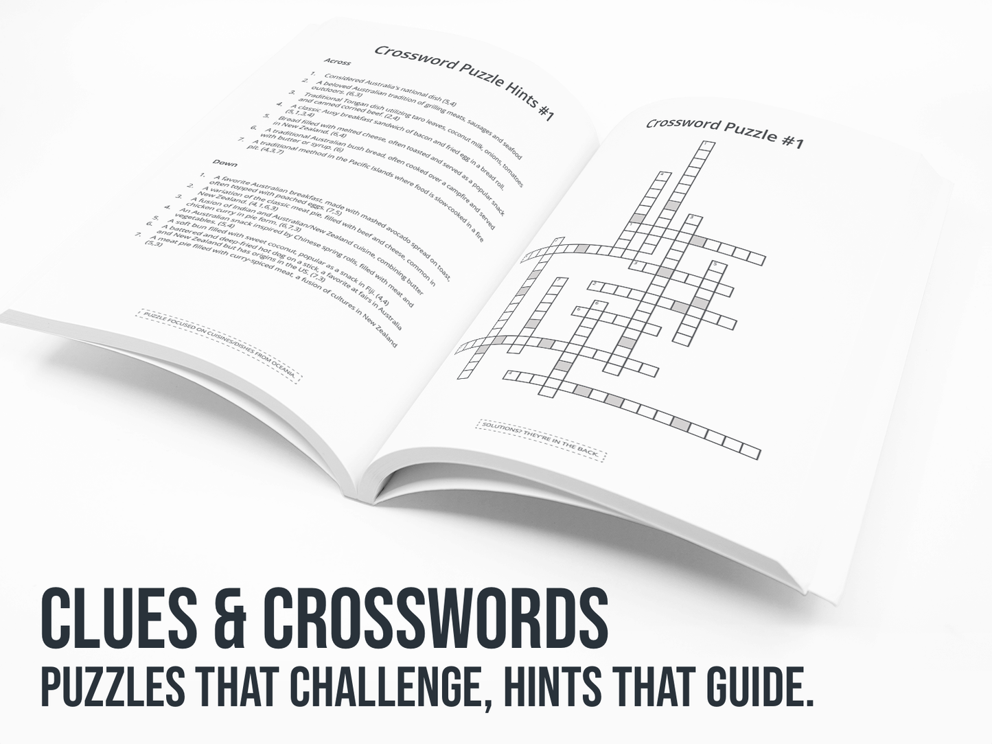 Open book with crossword puzzle and clues on a white background