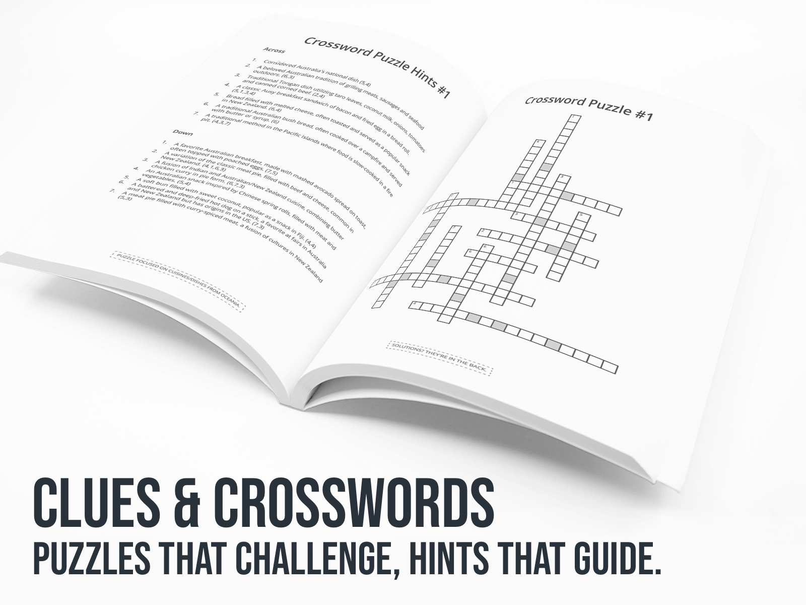 Open book with crossword puzzle and clues on a white background