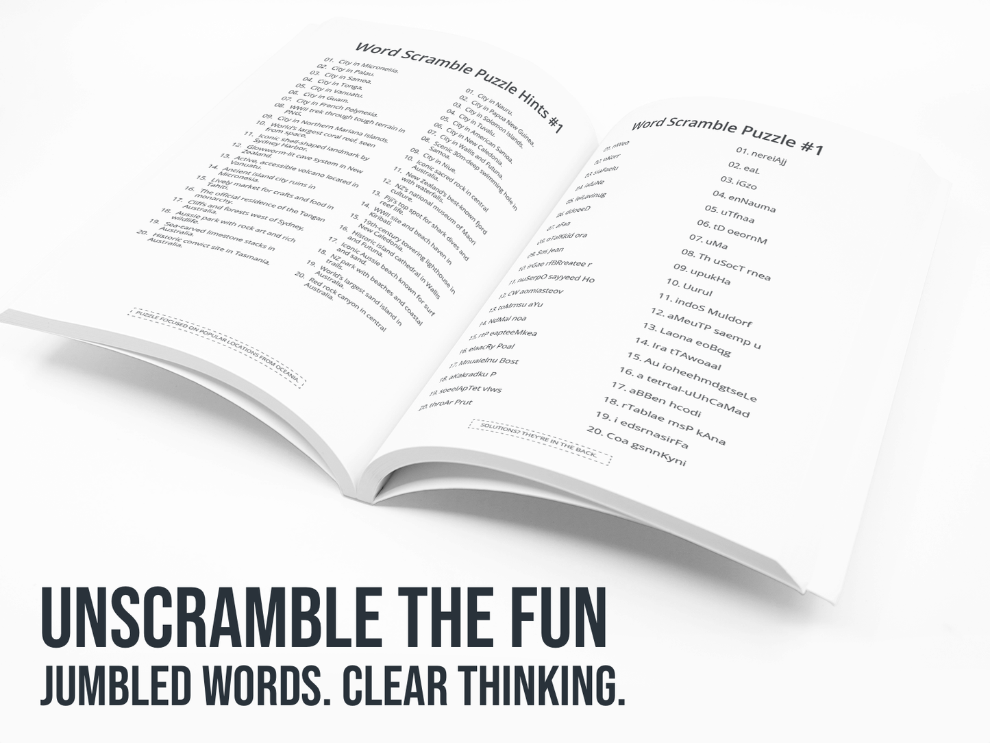 Open book with word scramble puzzle on a white background with the text "Unscramble the fun".