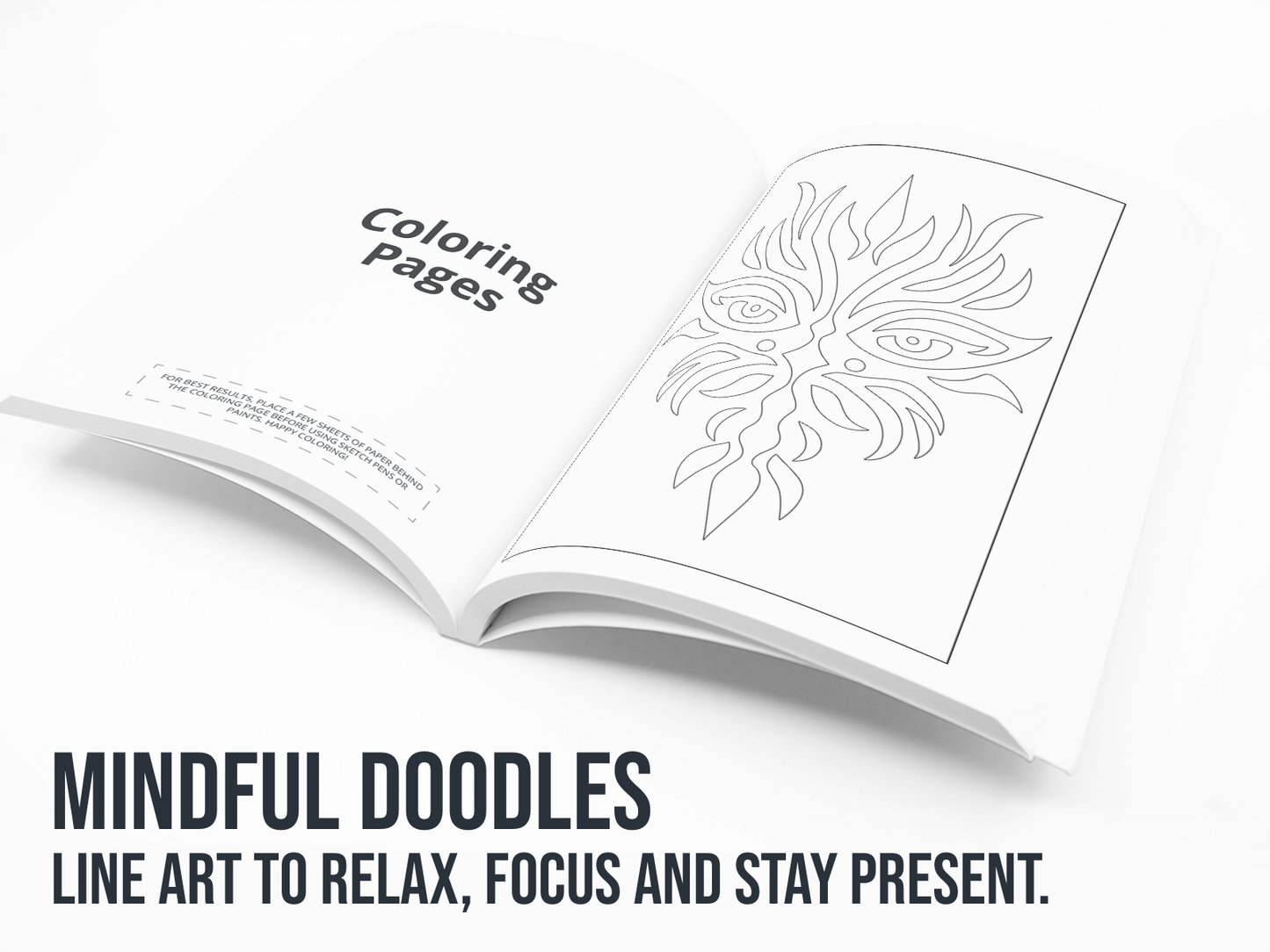 Open coloring book with a design on a white background with the text "Mindful Doodles".