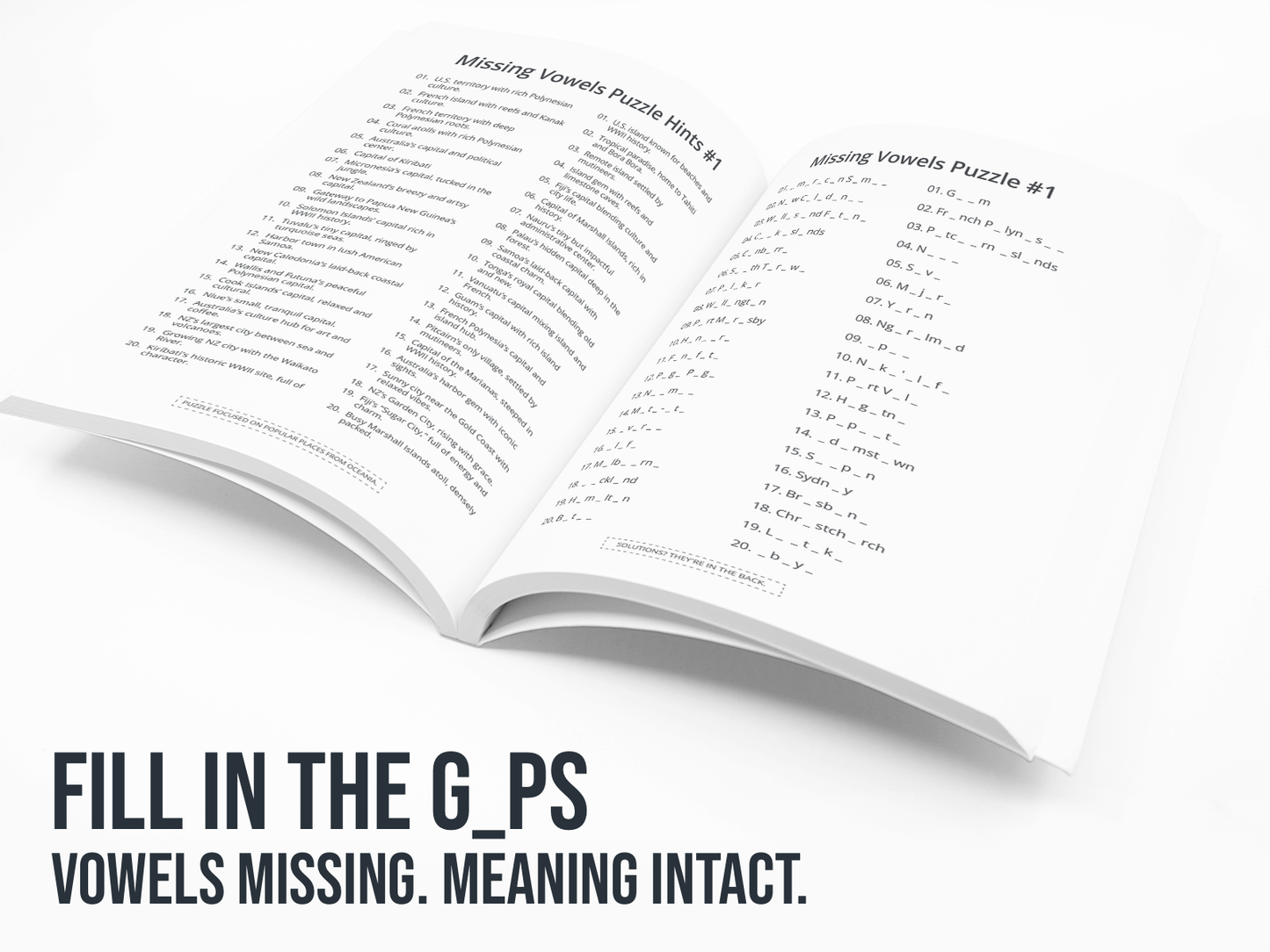 Open book with a Missing Vowels puzzle on a white background with the text "Vowels Missing, Meaning Intact".