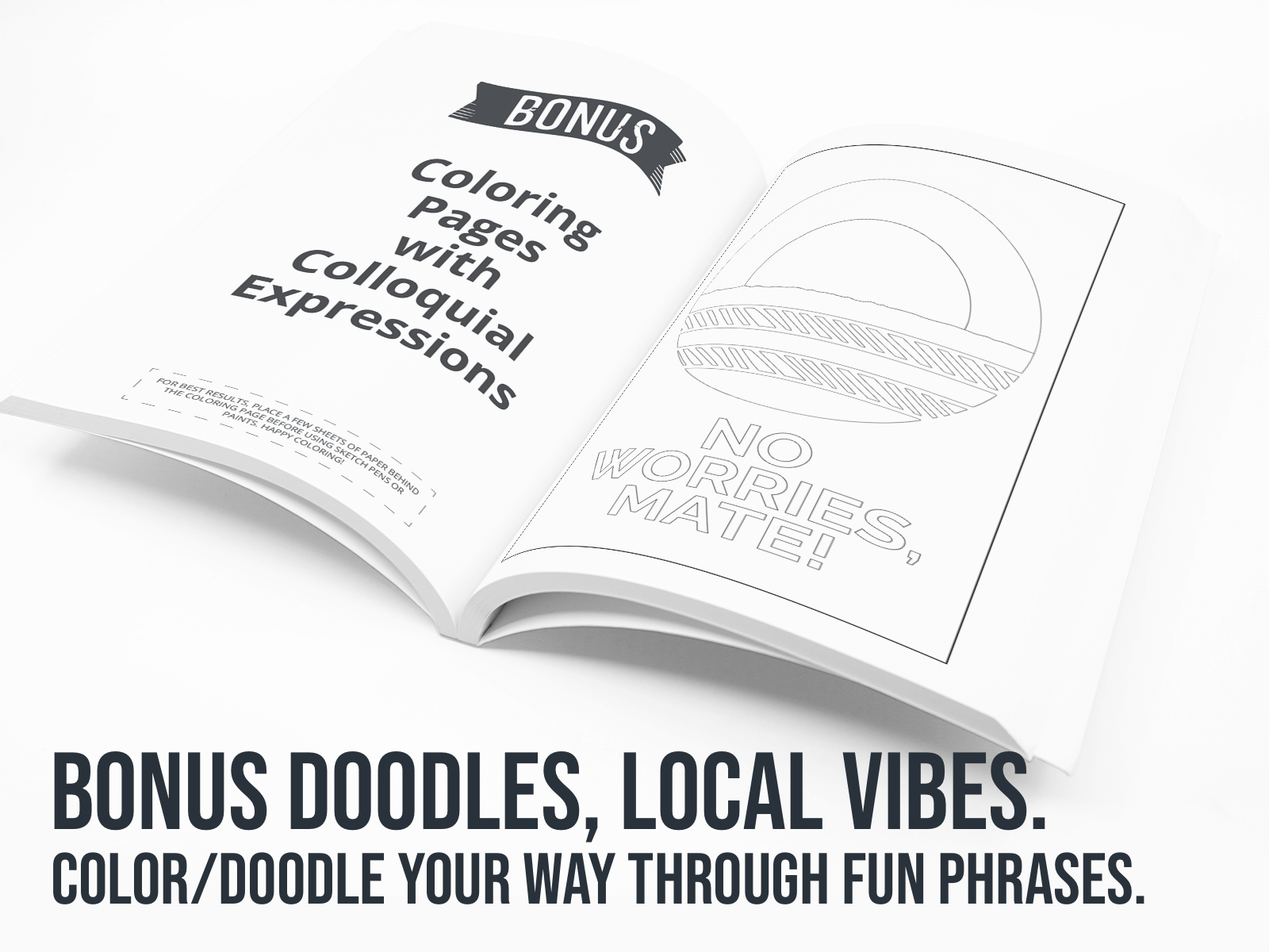 Open book with coloring pages featuring colloquial expressions and doodles on a white background.