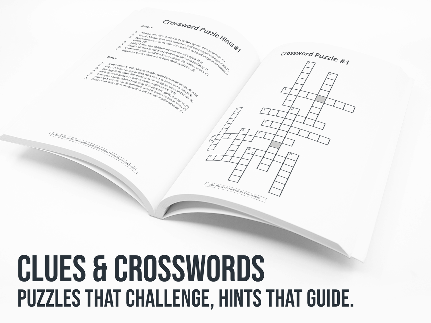 Open book with crossword puzzle with the text "Clues and Crosswords".