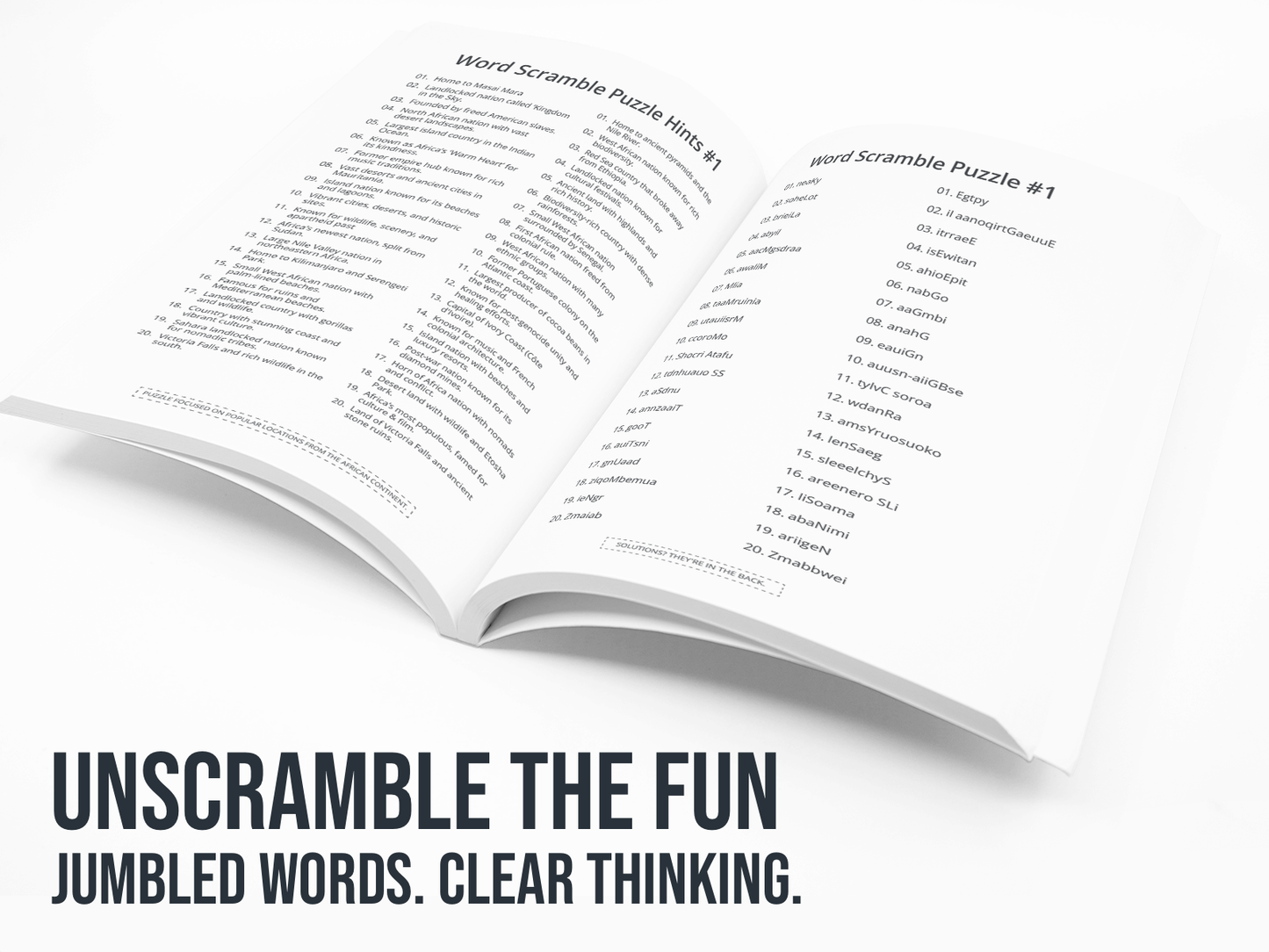 Open book with word scramble puzzle on a white background with the text "Unscramble the fun".