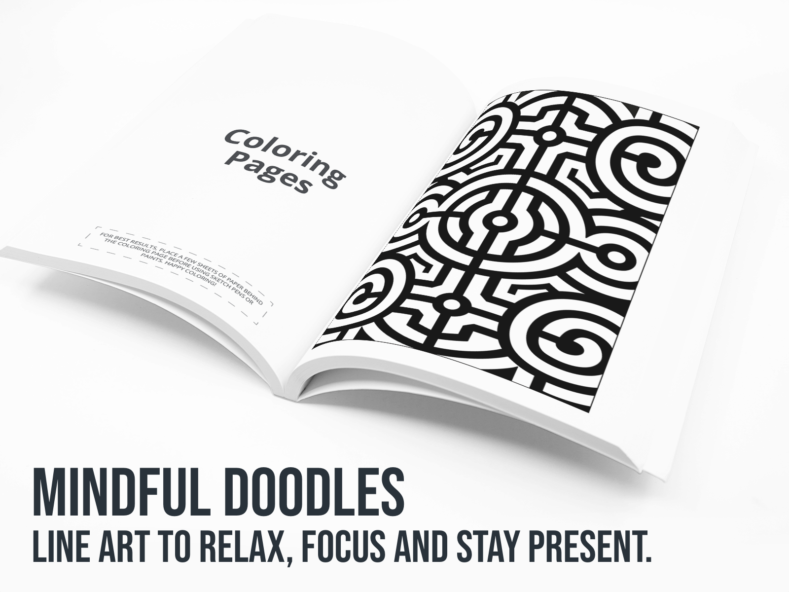 Open coloring book with an Africa inspired design on a white background with the text "Mindful Doodles".