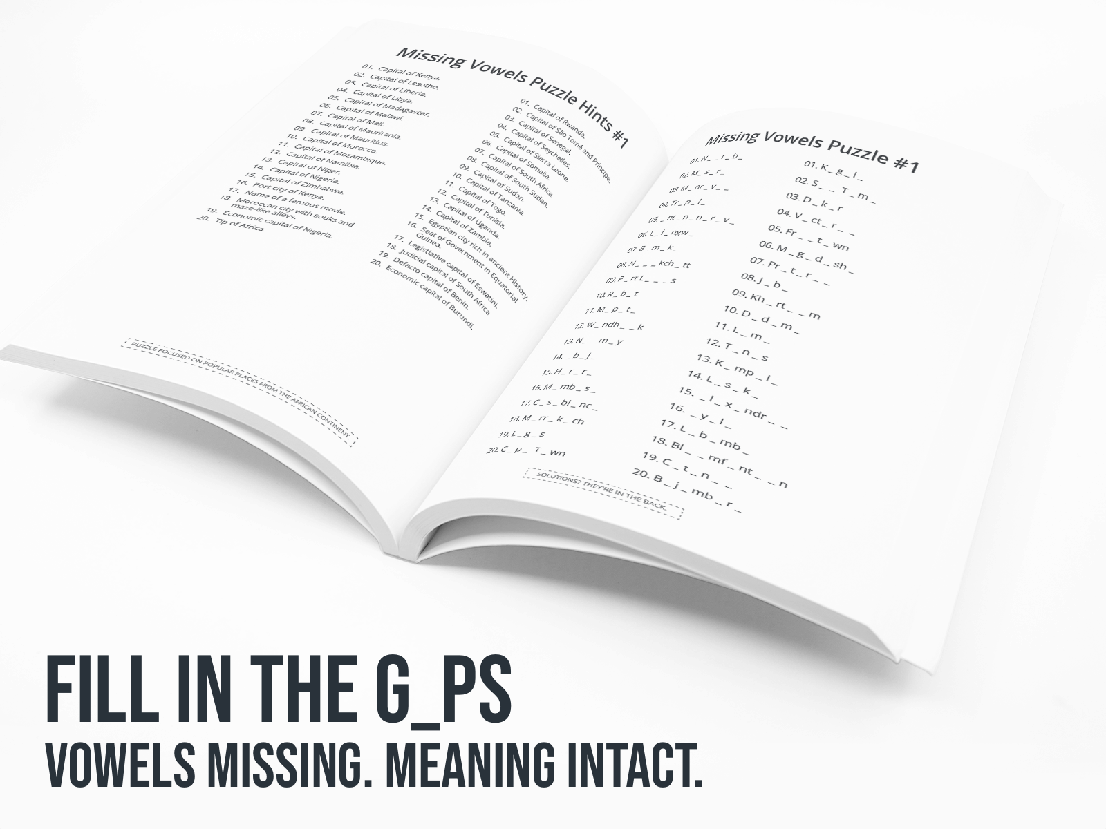 Open book with a Missing Vowels puzzle on a white background.