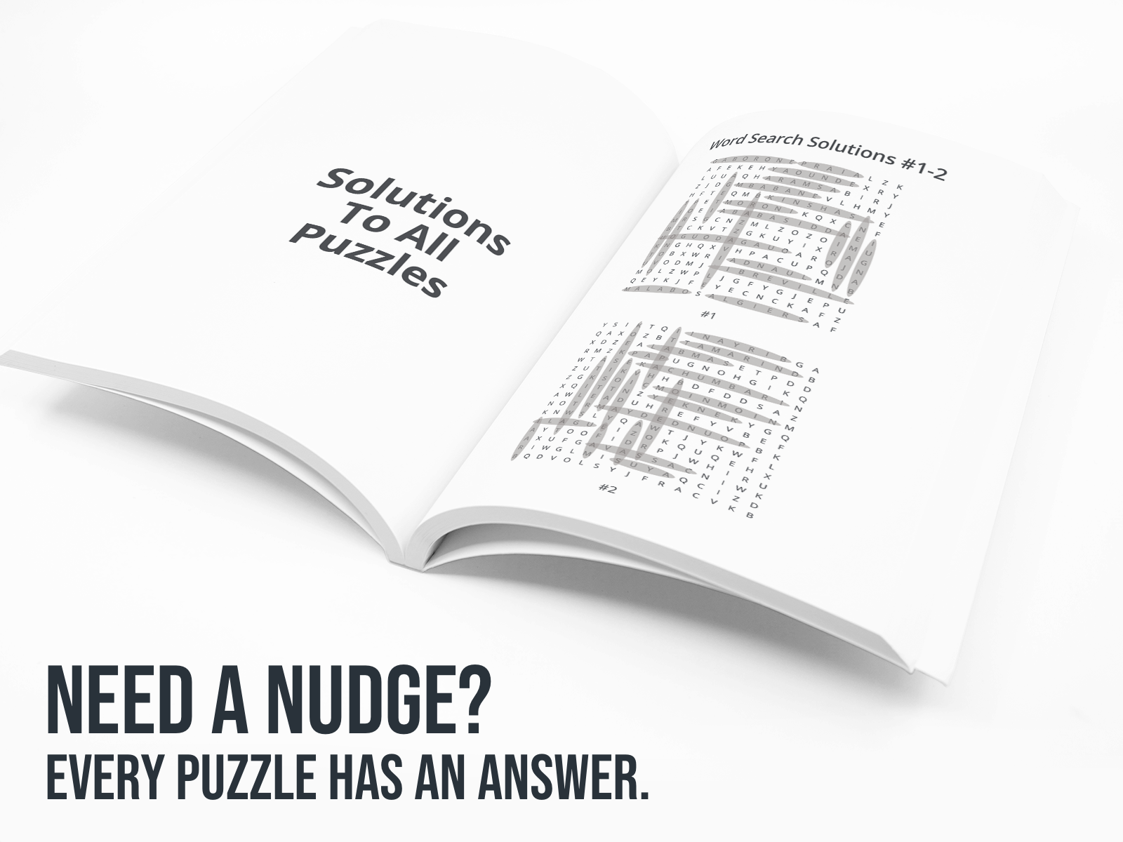 Open book with crossword puzzle solutions on a white background