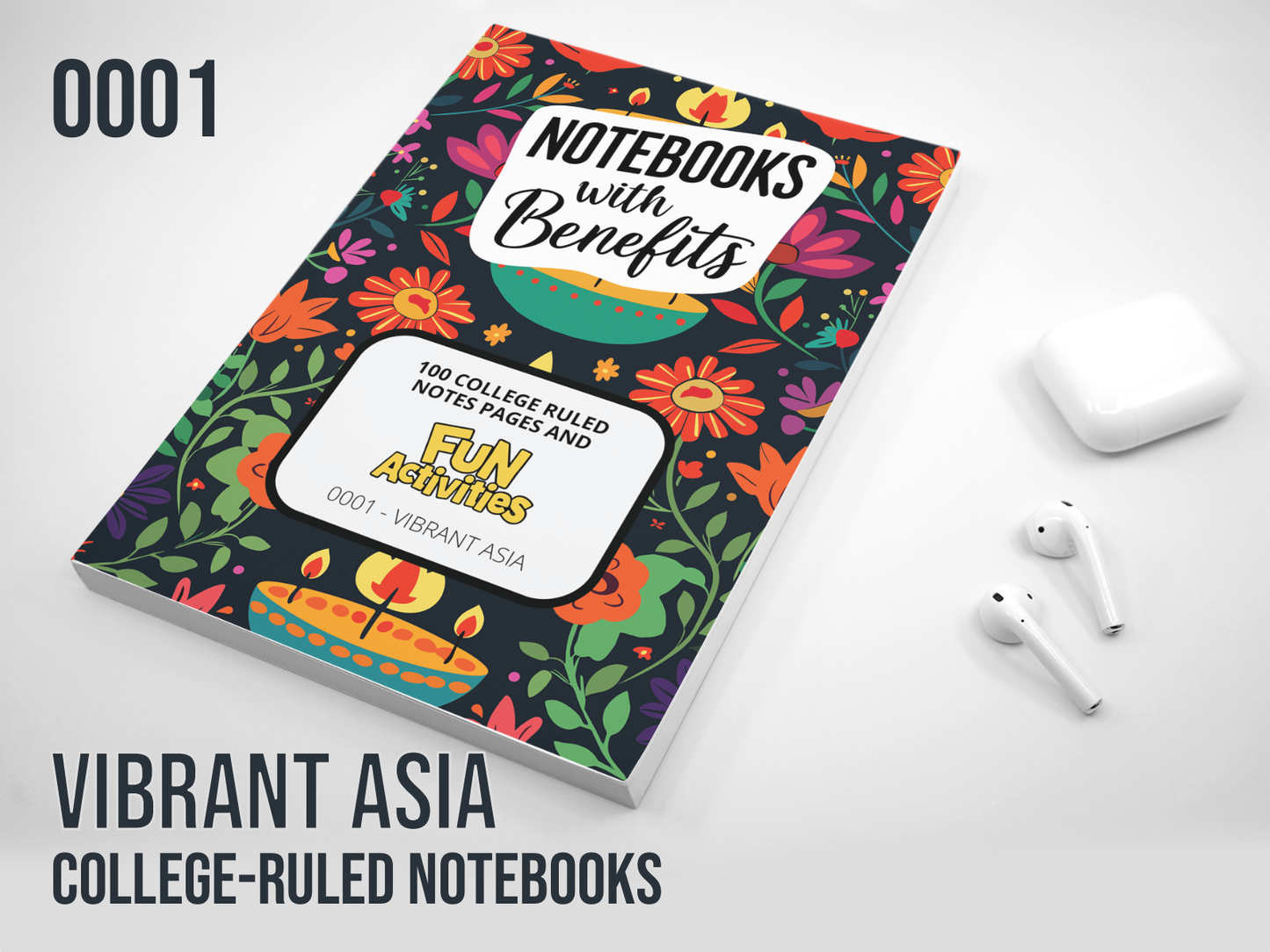Notebook with colorful design and text on a white background