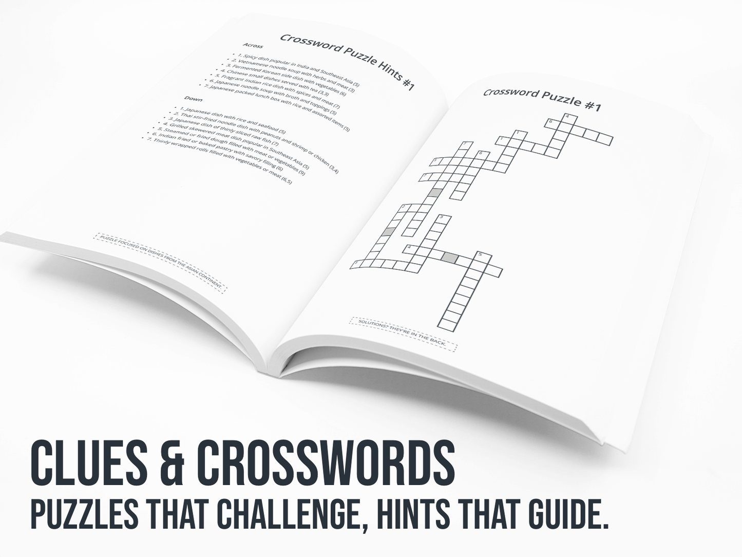 Open book with crossword puzzle on a white background with the text "Clues and crosswords".