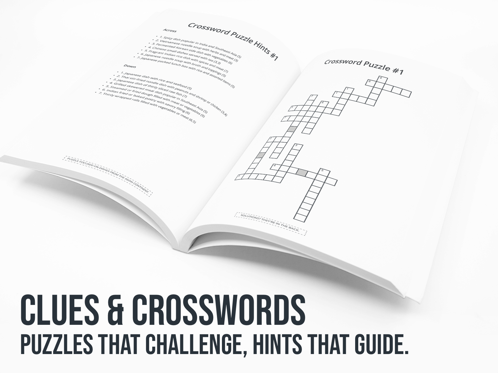 Open book with crossword puzzle on a white background with the text "Clues and crosswords".