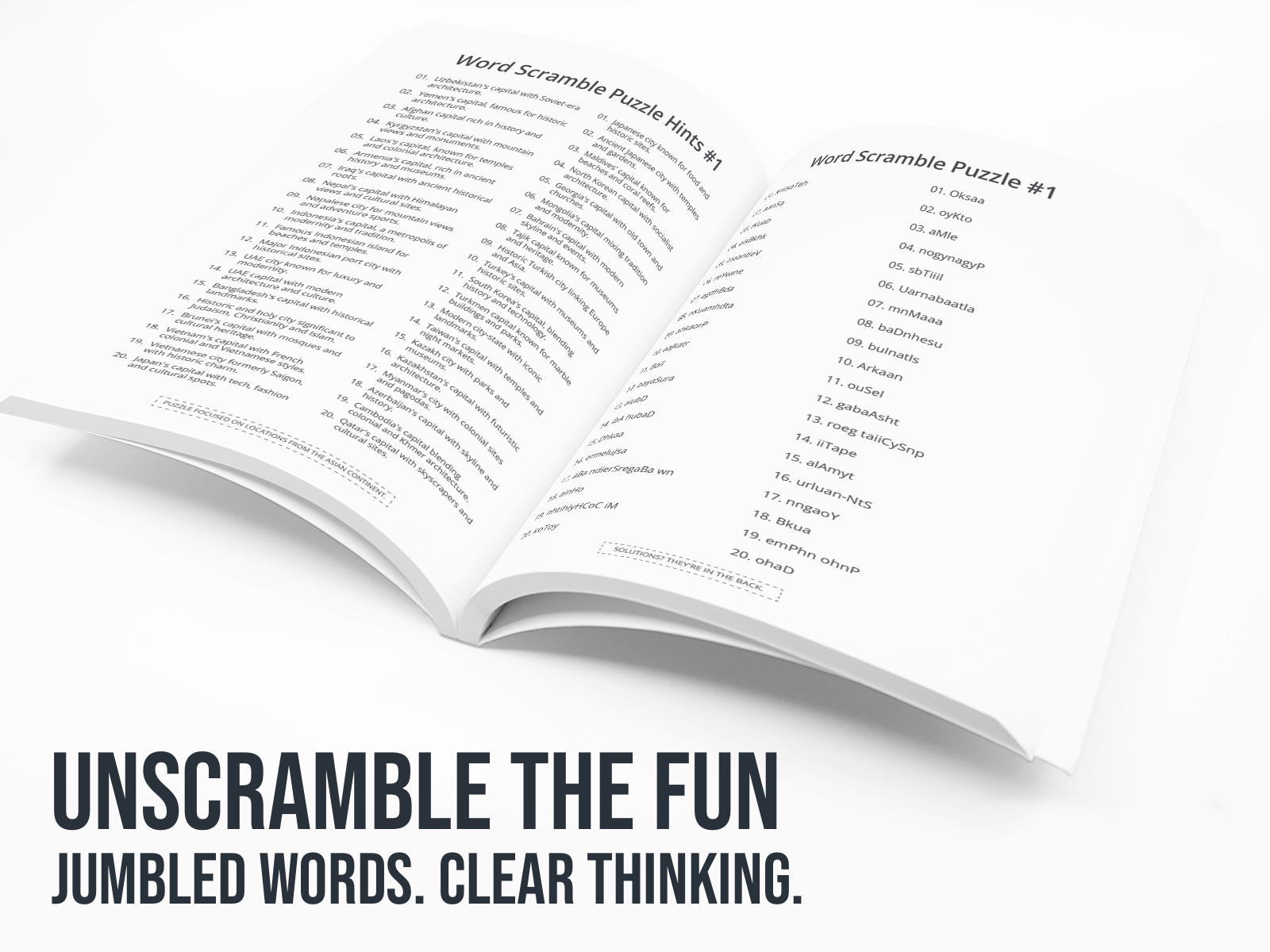 Open book with word scramble puzzle on a white background