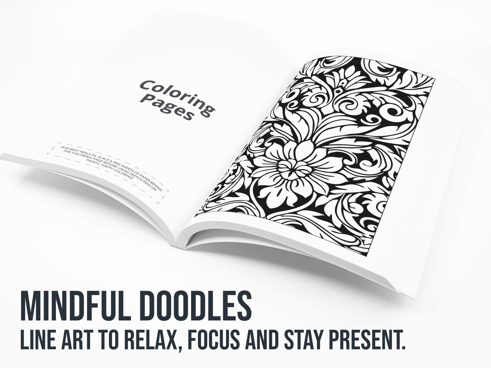 Open coloring book with black and white floral design on a white background with the text "Mindful doodles".
