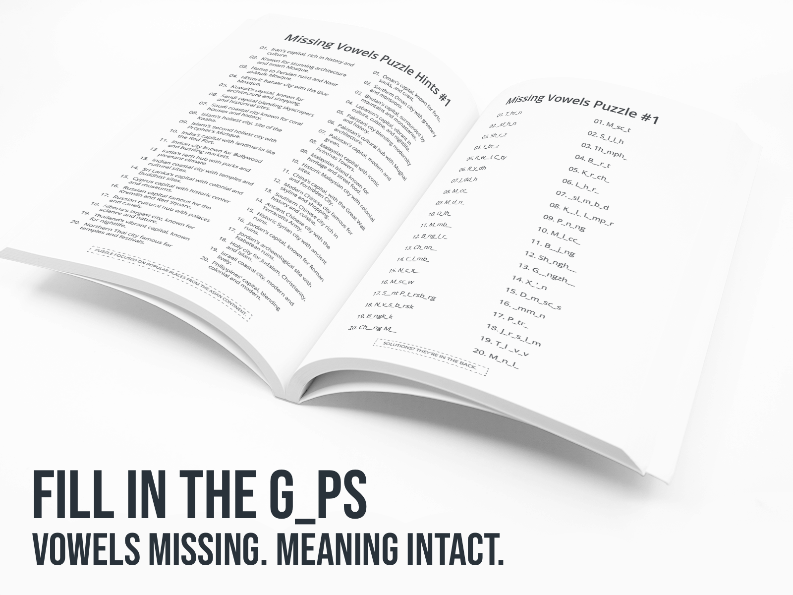 Open book with a Missing Vowel puzzle on a white background