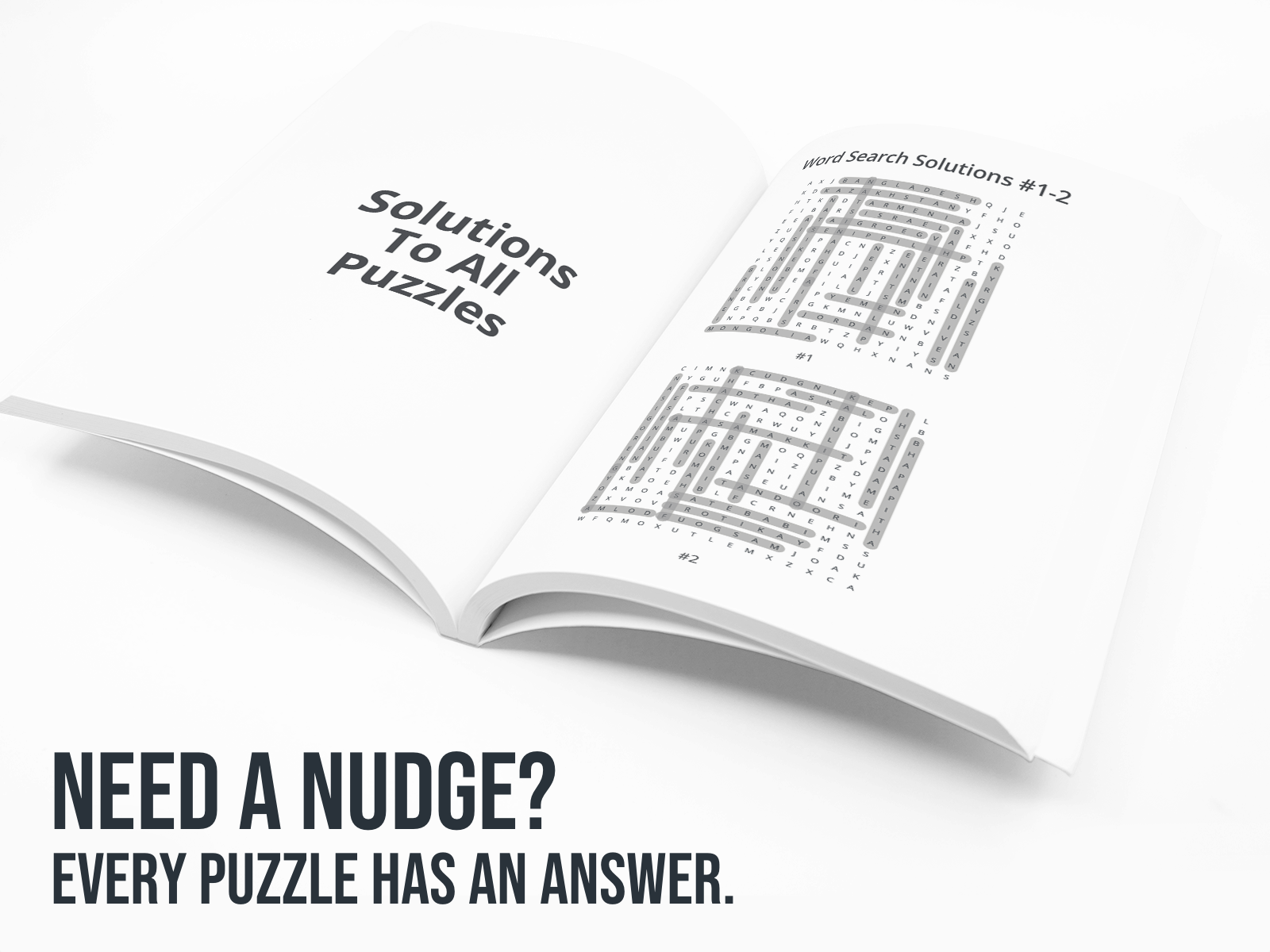 Open book with puzzle solutions on a white background