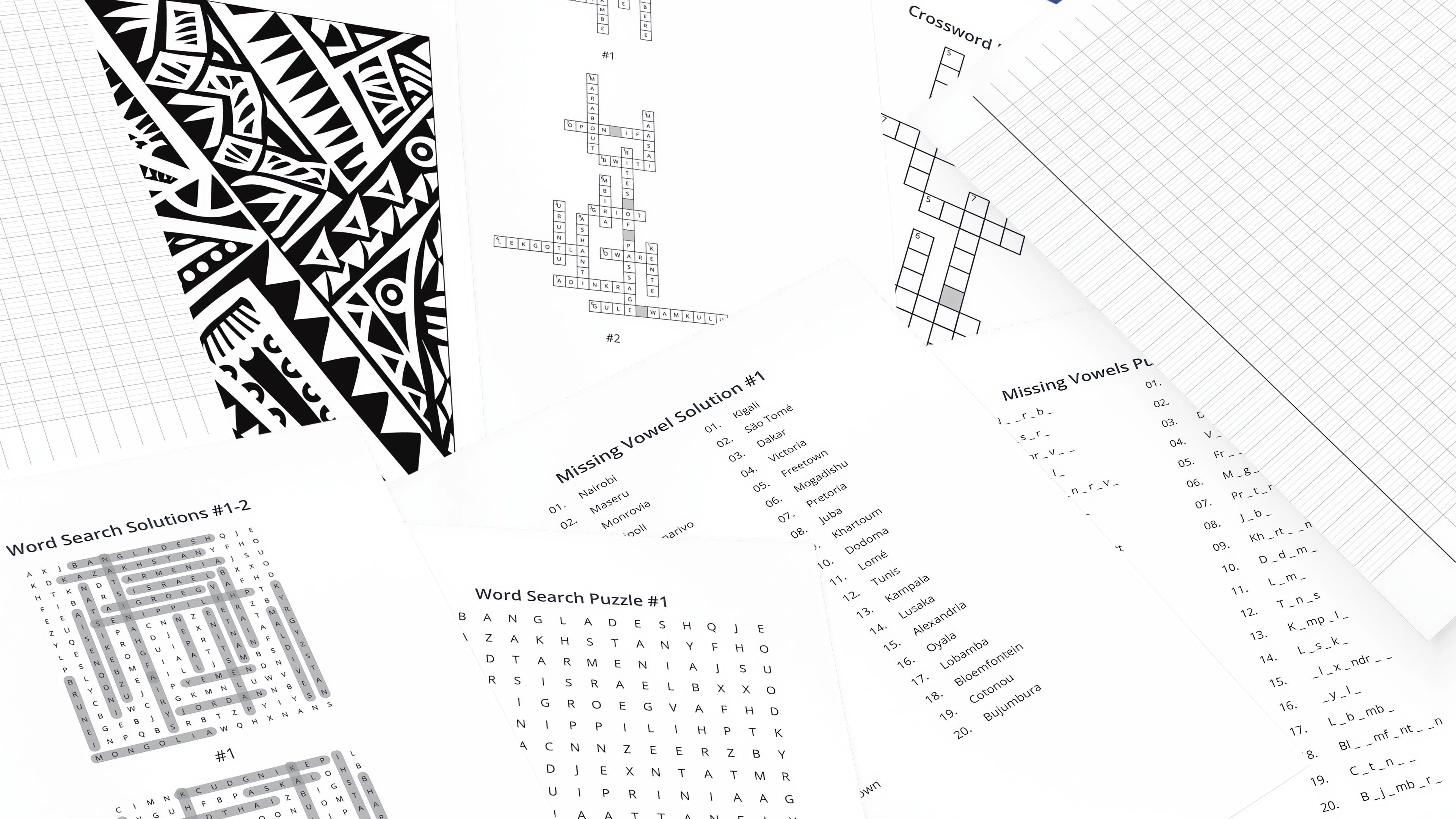 Sheets of French Ruled paper with word search puzzles and a decorative black and white pattern.
