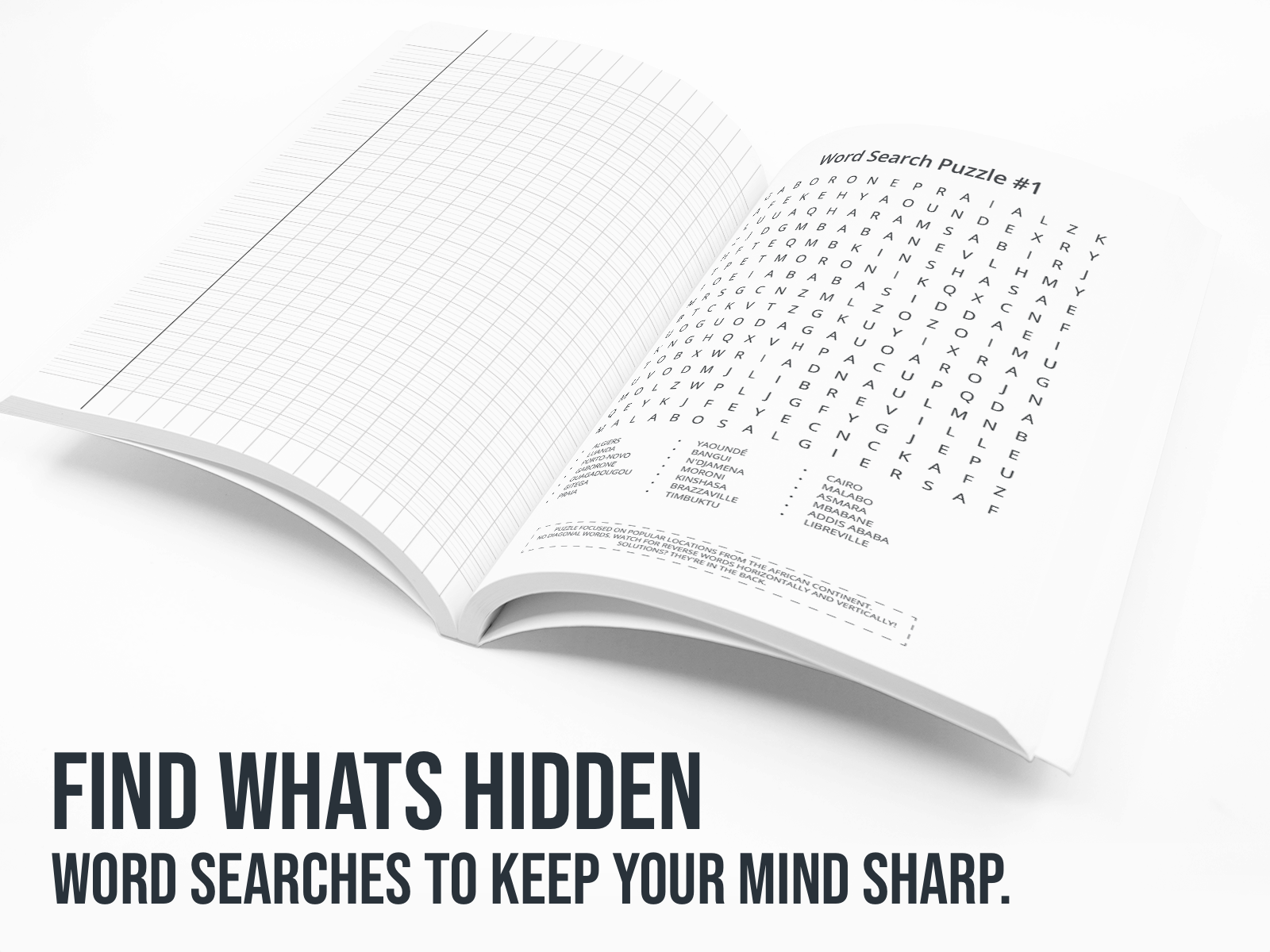 Open book with a word search puzzle on a white background with the text "find whats hidden"
