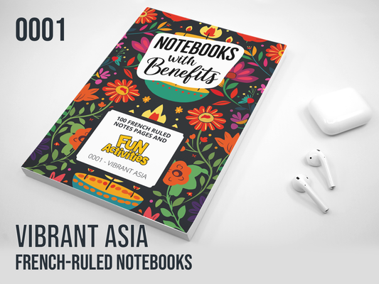 Colorful notebook with floral design and text on a white background