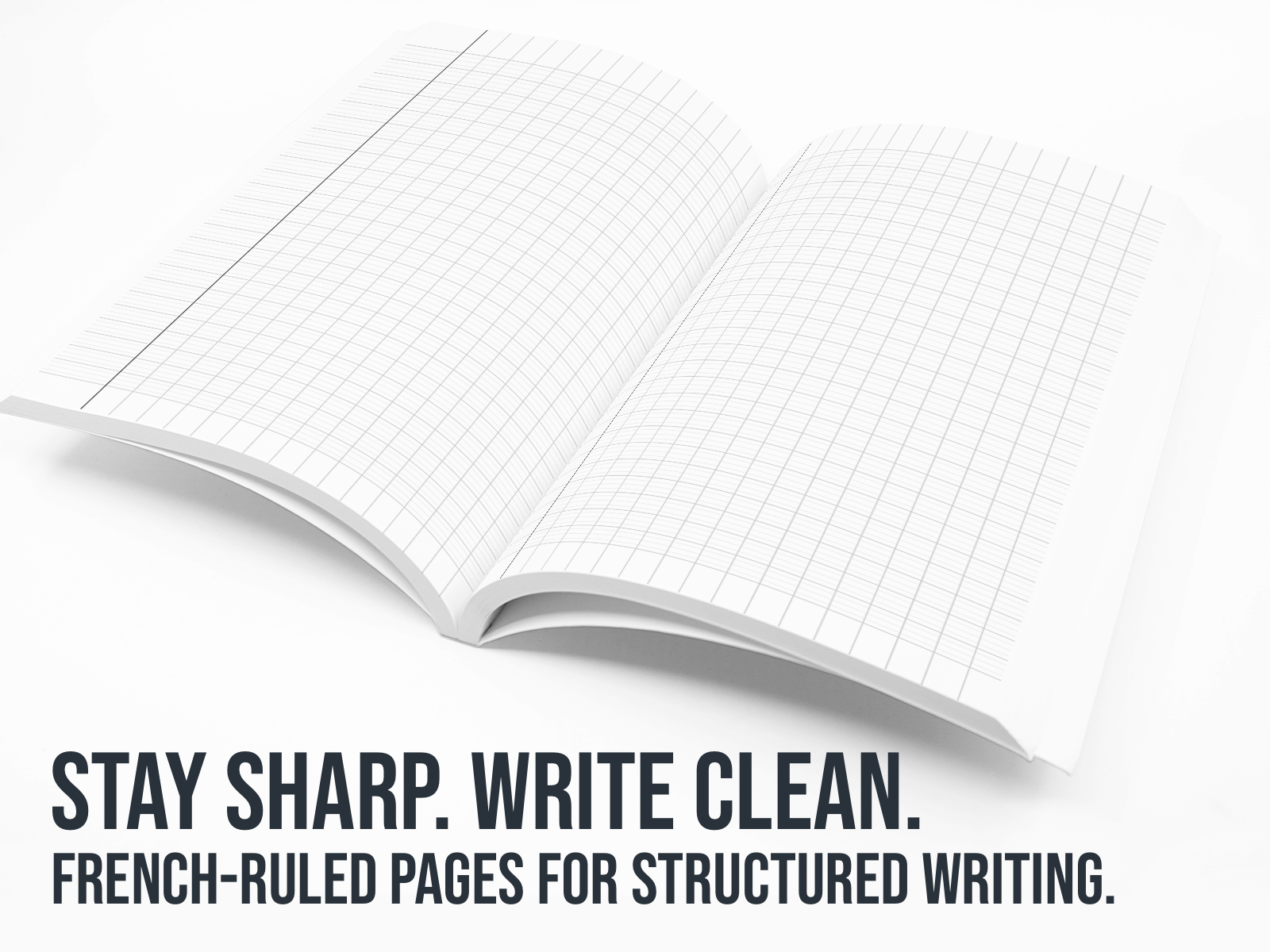 Open notebook with grid and lined pages on a white background, featuring text 'Stay Sharp. Write Clean.'