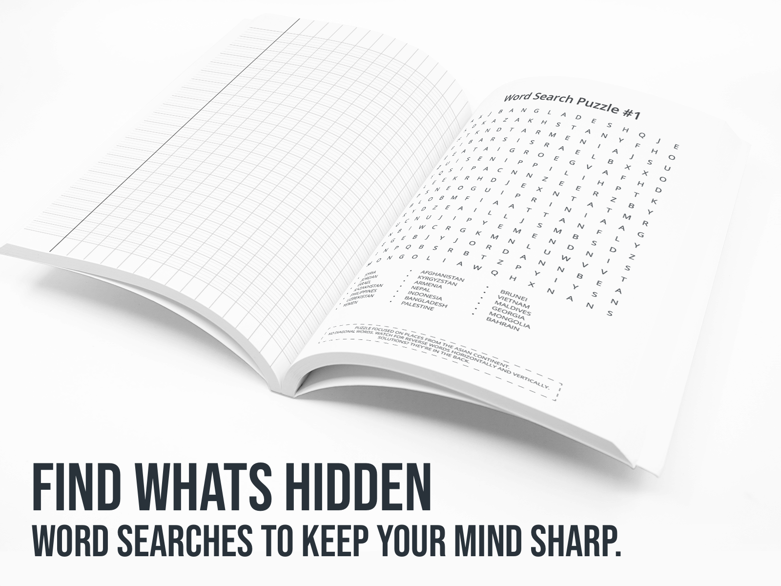 Open book with word search puzzle on a white background with the text "Find whats hidden".