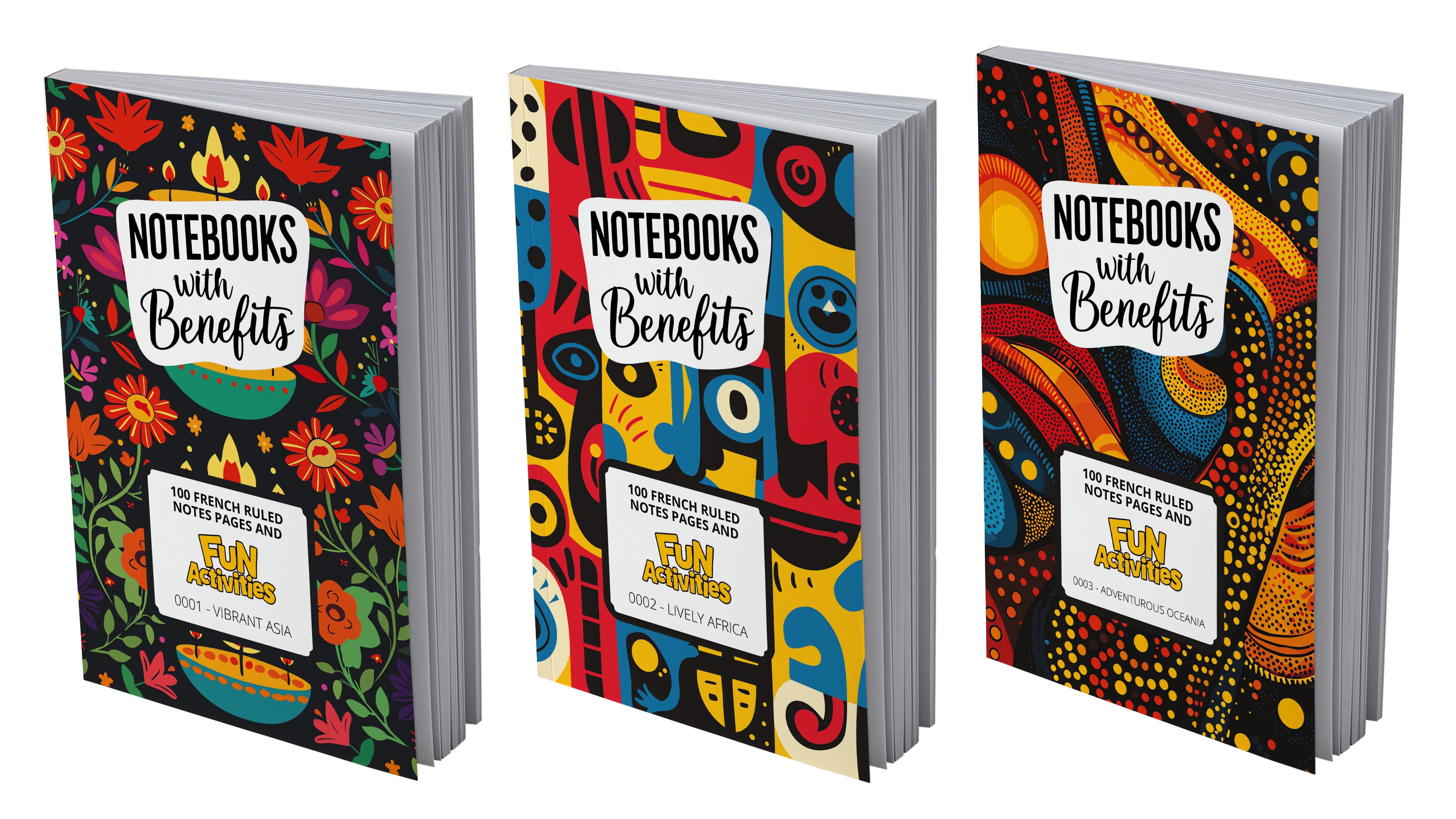 Three French-Ruled 
notebooks with colorful covers and 'Notebooks with Benefits' text on a white background