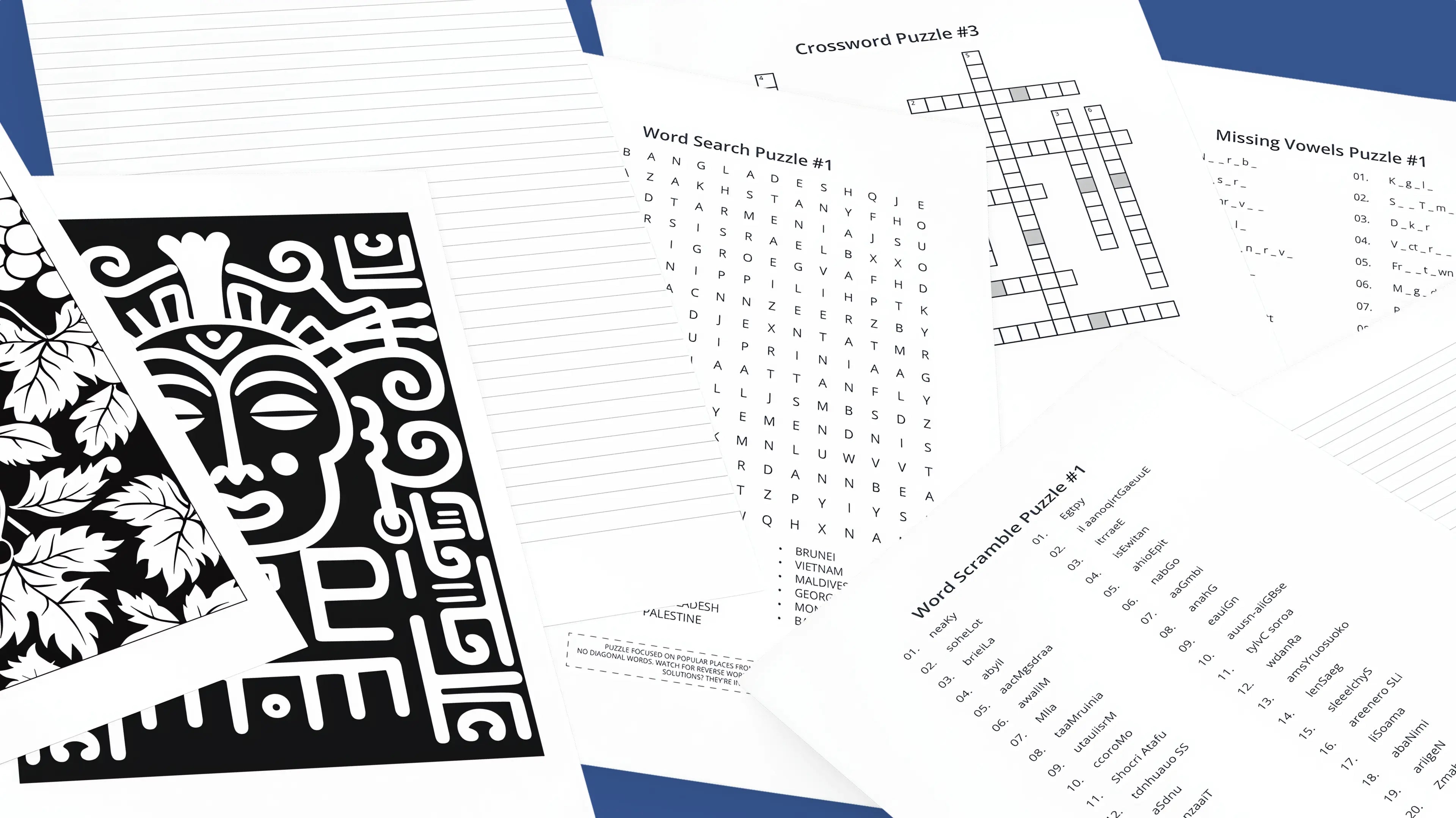 College Ruled Sheets including a crossword puzzle and word search on a blue background