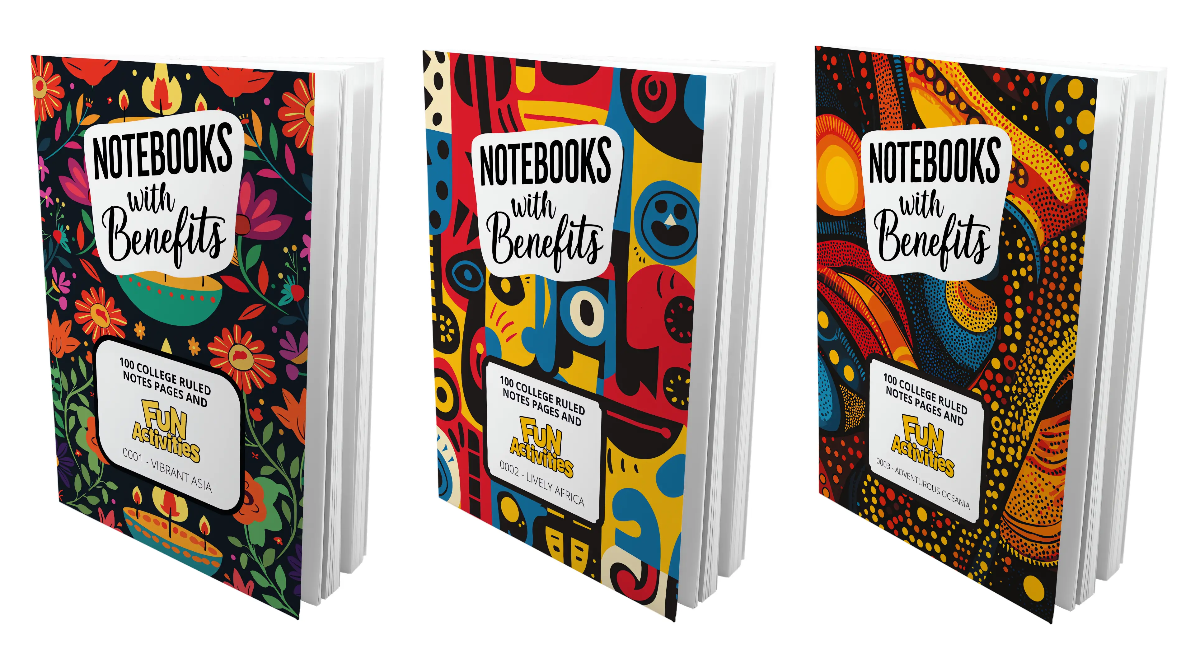 Three College Ruled notebooks with colorful designs and 'Notebooks with Benefits' text on a white background